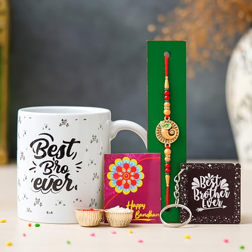 Image of Rakhi Set for Brother with Printed Mug, Keychain Combo Pack of 5 (Greeting Card,Roli Chawal,Rakhi,Printed Mug,Keychain)| Gift Hamper for Brother