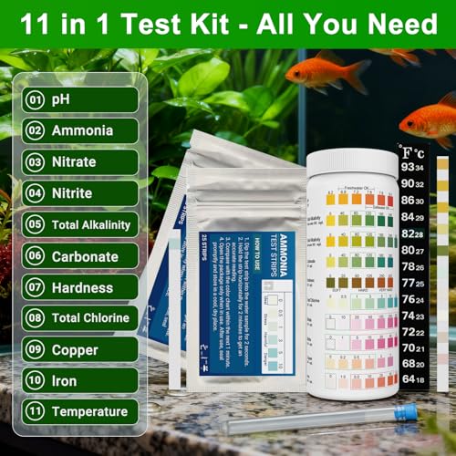 11-in-1 Aquarium Teststreifen-150 Stücke, Süß- & Salzwassergeeignet, Schneller Wassertest Aquarium für pH,Ammoniak,Nitrat,Nitrit,Gesamalkalinität,Karbonat, Wasserhärte, Kupfer, Eisen,Temperatur& Mehr