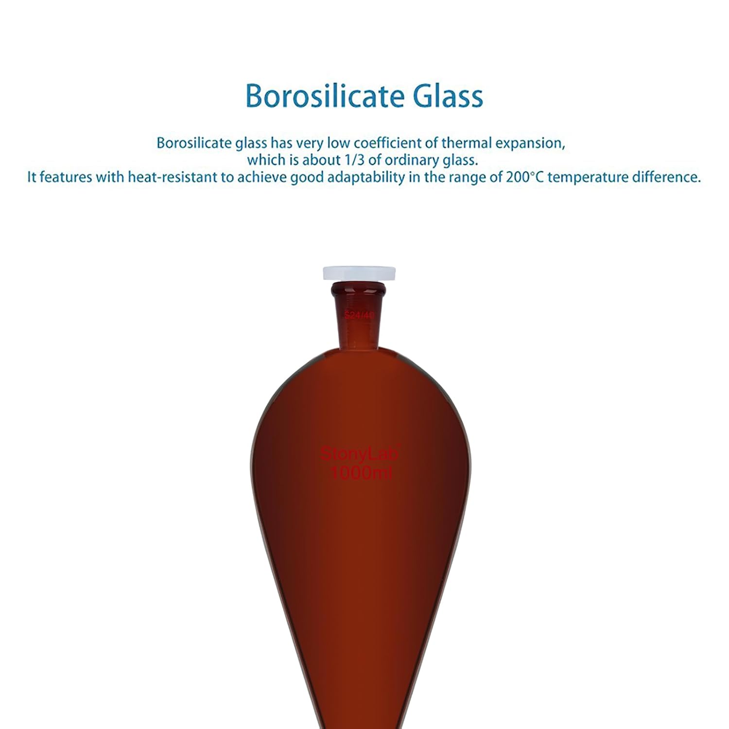 stonylab Brown Separatory Funnel, Thick Walled Conical Shape, 24/40 Ground Joint, PTFE Stopcock Valve, Borosilicate Glass, Chemical Resistant, Ideal for Liquid Extraction and Fractionation, 1000 ml