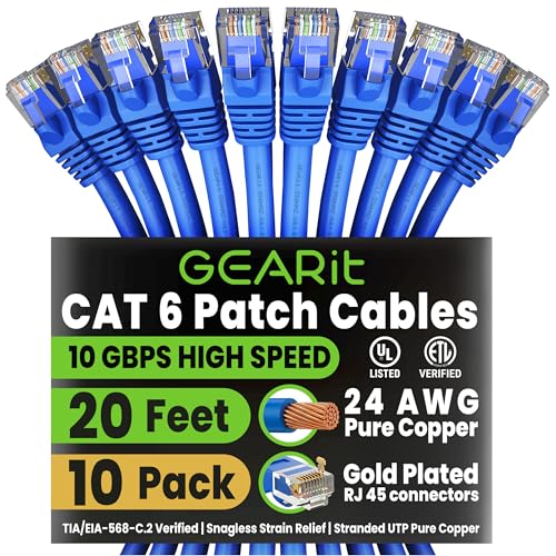 GEARit Cat 6 Ethernet Patch Cable 20 ft Blue (10 Pack) - Cat6 Patch Cables 20ft Blue/Ethernet Patch Cable, 10Gbps 550MHz 24AWG Pure Copper, Snagless, Gold Plated RJ45 for Router, Server, Router, PC