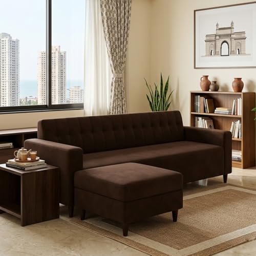 Image of FURNY Luxe 4 Seater L Shape Sofa Set with Movable Ottoman | Flexible Left or Right Layout | Plush Velvet Fabric (Dark Brown-Cream) | Perfect for Living Room, Guest Room & Office