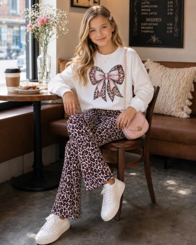 Image of Toddler Girl Clothes Long Sleeve Cartoon & Letter Graphic Top + Fruit Stationery Print Flared Leg Pants