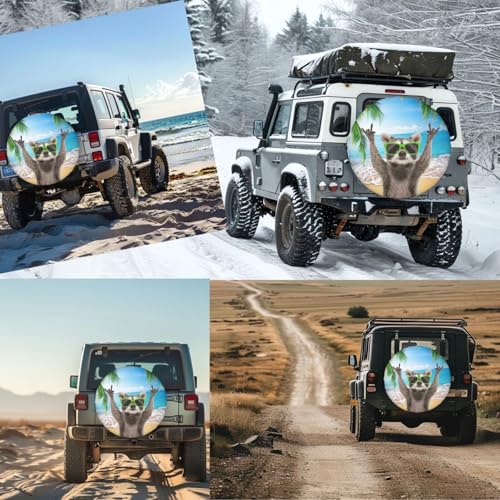 Image of Beach Raccoon Spare Tire Cover for Rv Trailer Camper Truck SUV - Cute Raccoon Animal Wheel Protectors Cover Waterproof Fabric for Travel Camping Outdoor,Universal Fit,17 inch