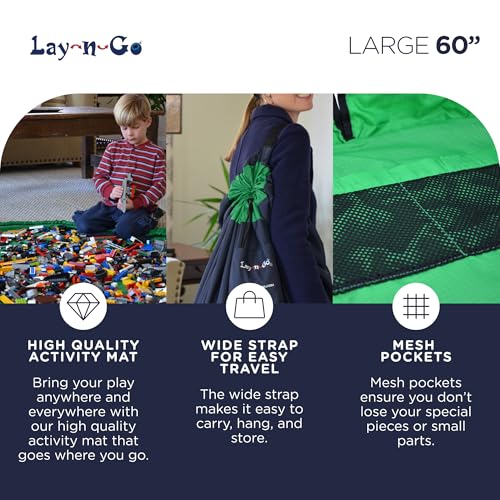 Lay-n-Go Layflat Portable Drawstring Cinch Storage Toy & Mini Figures Organizer & Play Mat, Mesh Pockets, Home & Travel, Kids & Toddlers Playdates, 2 Straps for Backpack, Durable, Machine Washable
