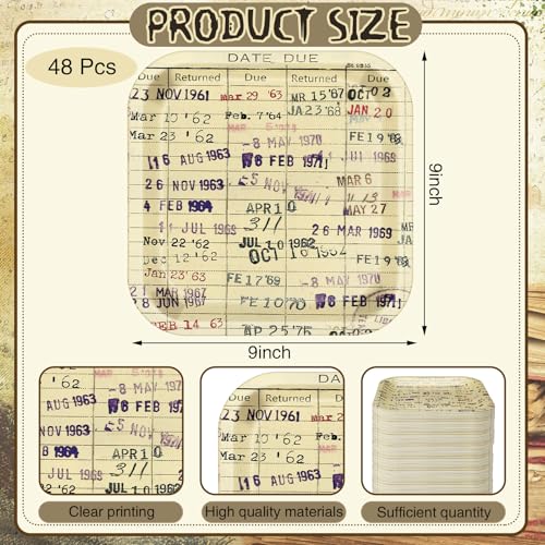 Crtiin 48 Pcs Due Date Card Book Club Vintage Plates Decorations Disposable Dinner Dessert Paper Plates for Library Reading Themed Table Decorations Dinnerware Party Supplies