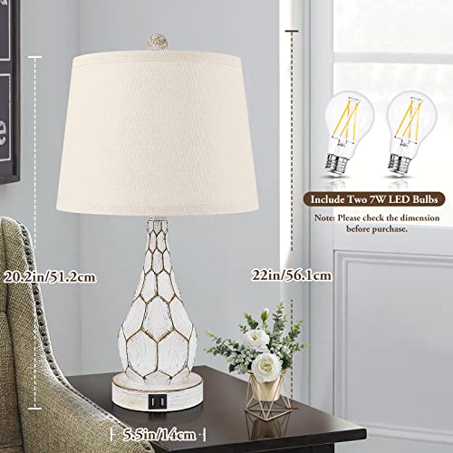 Rustic Farmhouse Touch Table Lamps Set Of 2, Retro Bedside Lamps With 2 Usb Charging Ports, 3-Way Dimmable Nightstand Lamps For Bedroom Living Room Office, Vintage Desk Lamps With 2 Led Edison Bulbs #TOP4