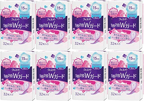 【まとめ買い】ウィスパー 1枚2役Wガード 女性用 吸水ケア 15cc おりもの&水分ケア パンティライナー 32枚入り 19cm×8個