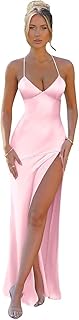 Satin Prom Dresses for Women Long Spaghetti Straps Bridesmaid Dresses V Neck Corset Evening Gown with Slit - Buy now