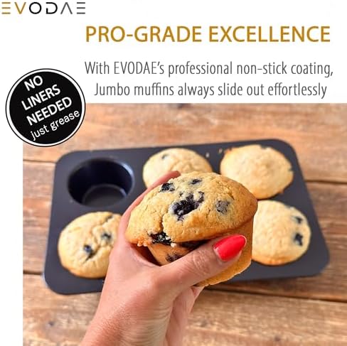 EVODAE Nonstick Jumbo Muffin Pan – 2 Pack Large Muffin Pans, 12-Cup (2×6) Capacity, Large Cupcake Pan & Jumbo Muffin Tin – Pro-Grade Bakeware, Heavy Duty – PFOA & PTFE Free, No Liners Needed - Thumbnail 3