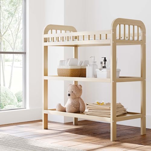 Image of Storkcraft Pasadena Changing Table with Water-Resistant Changing Pad (Driftwood) - GREENGUARD Gold Certified, Includes Bonus Water-Resistant Changing Pad with Safety Strap, 2 Open Shelves