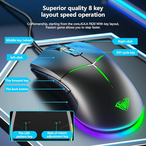 Image of AULA F820O Wired Optical Mouse with 8 Key | RGB Backlight, 6400DPI Wired Optical Mouse (USB 2.0 - Black)