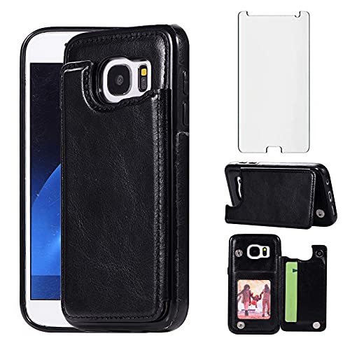 Asuwish Compatible with Samsung Galaxy S7 Wallet Case Cover and Tempered Glass Screen Protector Card Holder Stand Flip Leather Cell Phone Cases for Glaxay S 7 7s GS7 SM-G930V G930A Women Men Black