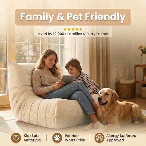 Image of Gazecaia Comfy Bean Bag Chair for Adults Teens | Fireside Floor Lounge Chair, Soft Suede High-Resilience Memory Foam Bean Bag Couch with Non-Slip Base, for Living Room Bedroom Apartment Office, White