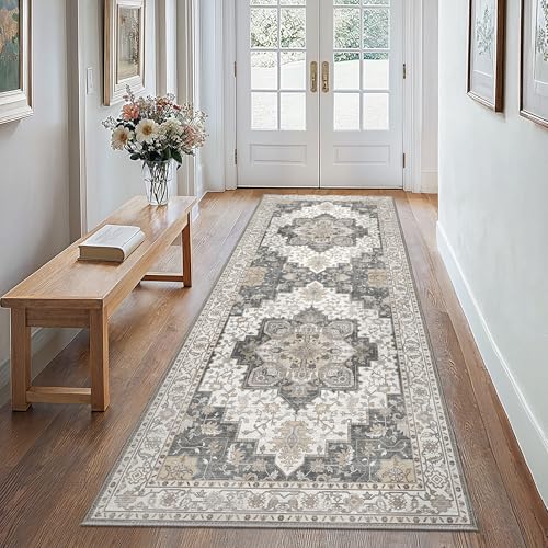 GENIMO 2x10 Runner Rugs for Hallway, Machine Washable Non Slip Vintage Rugs, Low Pile Lightweight Soft Print Rug for enrtyway, Corridor, Home Office, Kitchen, Heathered Grey