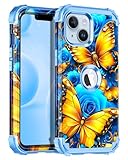 Miqala Compatible with iPhone 13 Case,iPhone 14 Case,Glow in The Dark Three Layer Heavy Duty Shockproof Hard Plastic Bumper+Soft Silicone Protective Case for iPhone 13/14 6.1 inch,Blue Butterfly