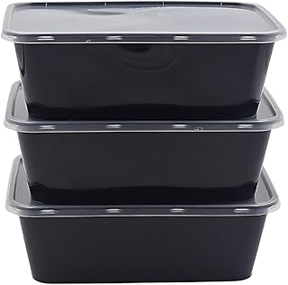 Reusable Rectangle Plastic Food Storage Containers with Lids - Fridge, Microwave Safe - Ideal for Food Delivery, Kitchen and Storage (Pack of 25) 750ml, Black