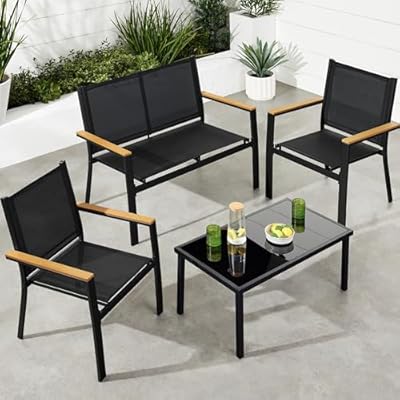 Best Choice Products 4-Piece Outdoor Textilene Patio Conversation Set, Backyard Furniture w/Loveseat, Coffee Table, Steel Frame - Black/Black