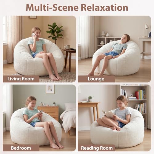 Image of HUGHEAVEN Medium Memory Foam Bean Bag Chair for Adults & Kids - 3ft Fluffy Floor Chair Lounger| Cozy Faux Fur Reading Nook Chair, Comfy Beanbag Sofa Couch, Floor Seating Foam Seat with Filler