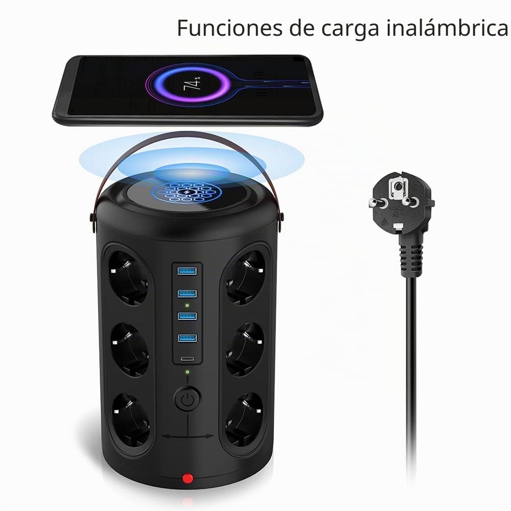 Kavolet Regleta Vertical, Regleta Enchufes Proteccion Sobretension con 12 Tomas y 4 Puertos USB y Carga inalámbrica (2500/10A), con Protección de Sobrecarga y Sobretensiones, Cable de1.8M