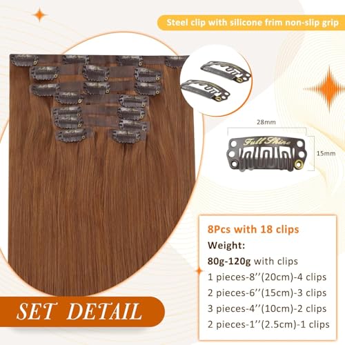Image of Full Shine Seamless Hair Extensions Clip in Copper Brown Clip in Hair Extensions Brown Seamless Clip ins Straight Brazilian Hair Ease of Use 14 Inch 8 PCS 120 G