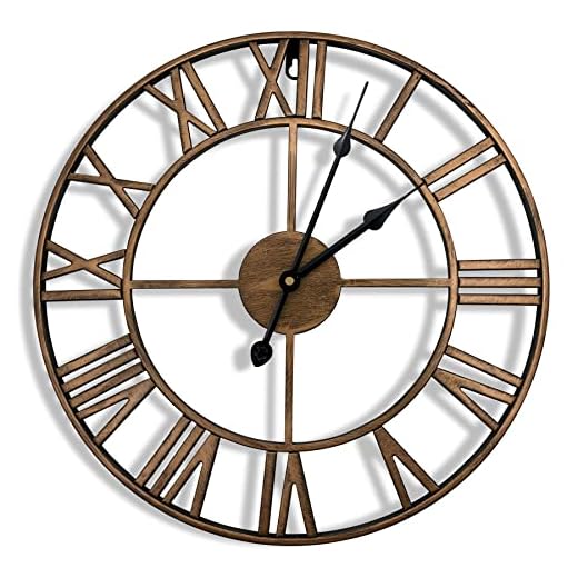 Outpicker Stor väggklocka 40 cm tyst icke-tickande vintage metallklocka med romerska siffror dekorativa skelettklockor för vardagsrum kök sovrum trädgård kontor (brons)