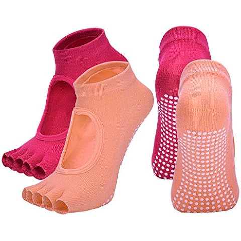 2 Pairs Toeless Yoga Socks Non-Slip Grips for Pilates Ballet Dance Barefoot Workout Cotton Open Toe Women Sports Socks - Orange - One Size Cover