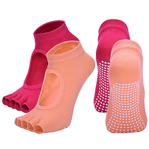 Image of 2 Pairs Toeless Yoga Socks Non-Slip Grips for Pilates Ballet Dance Barefoot Workout Cotton Open Toe Sports Socks