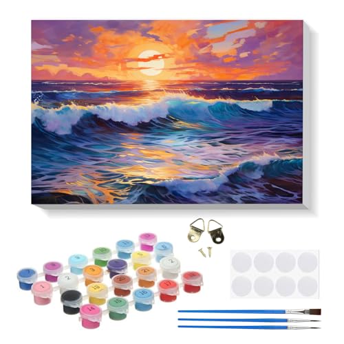 RICUVED Olas Marinas Pintar por Numeros Adultos Paisaje con Marco, DIY Cuadros para Pintar por Números con Caballete de Madera, Pintura Acrilica Manualidades Adultos Decoracion 20x30cm