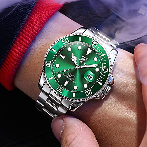 Olevs QBZ-S-G6650GS-BLV Silver Watch For Men Large Face Automatic Self Wind Watch Big Wrist Stainless Steel Mechanical Men'S Green Watch With Date Luminous Waterproof Dive Style Men Dress Watches Relojes Para Hombres thumb #1