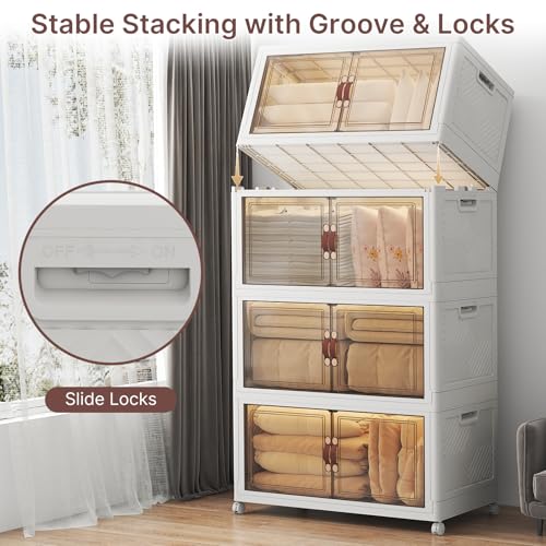 Image of UAMFURI Stackable Storage Bins with Lids, 1440QT Lockable Storage Cabinet, Foldable Storage Box with Doors and Wheels, Plastic Drawers for Home, Garage, Office (8, White, Extra Large)