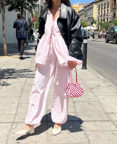 Image of Argeousgor Women Plaid 2 Piece Pajama Set Button Down Puff Sleeve Babydoll Shirt Gingham Pants Pj Lounge Set Sleepwear