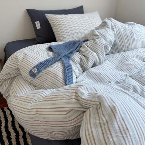 Image of Nayoroom Striped Duvet Cover Queen Size Blue White Striped Duvet Cover Aesthetic Dorm Bedding Set 3 Pieces Soft Lightweight Microfiber Farmhouse Bedding Set Gifts for Women Men