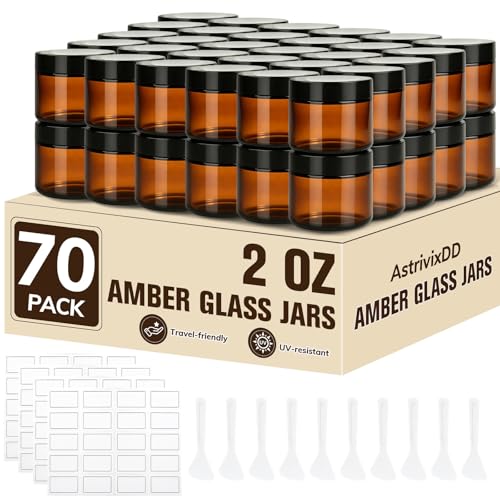70 Pcs 2 oz Glass Jars with Lids Amber Glass Jars with 80 Labels & 10 Spatulas Inner Liners LeakProof UV-Protective Round Glass Containers for Essential Oils Spices Candle Making DIY