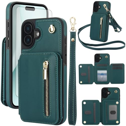 Asuwish Phone Case for iPhone 16 6.1 inch RFID Wallet Cell Zipper Cover with Tempered Glass Screen Protector Crossbody Strap Credit Card Holder Slot Stand i Phone16 i16 16Case Women Men Green