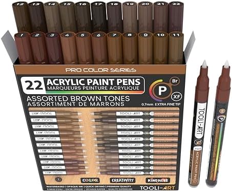 22 Brown Acrylic Paint Markers Pro Color Series Extra Fine 0.7mm Tip for Painting Stone, Glass, Cups, Wood, Metal, Plastic, Canvas, Crafts, Non-Toxic