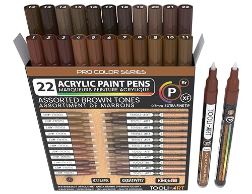Lot de 22 marqueurs de peinture acrylique Marron Série Pro Color Pointe extra fine 0,7 mm pour peinture sur roche, verre, tasses, bois, métal, verre, plastique, toile, bricolage Non toxique à base