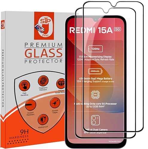 Image of STP FEEL Premium Tempered Glass Screen Protector Guard Compatible For Redmi 15A 5G (6.9 Inch, Pack of 2) | Edge to Edge Coverage With Easy to installation kit for Smartphone