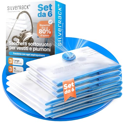 SilverRack Set di Sacchetti Sottovuoto [6 Pezzi] in 2 Misure (3x 60x80 cm / 3x 80x100 cm) - Per Abbigliamento e Piumini