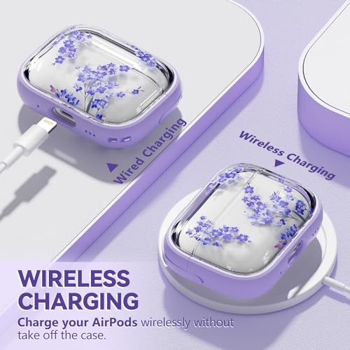 Safety Lock Inesore Floral Cute Case Compatible with AirPods Pro (1st/2nd Gen), Case for Women Girls, with Cleaning Kit (2023 USB-C/2022/2019) - Purple - Image 3