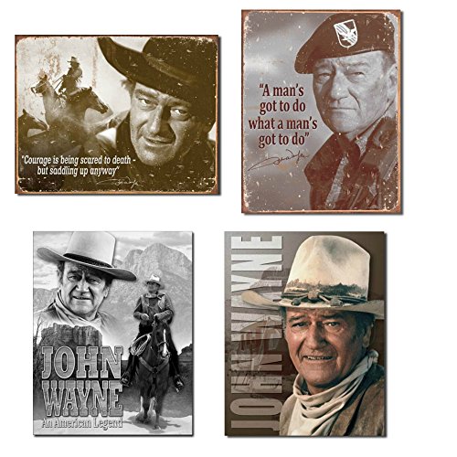 Bundle: Retro Tin John Wayne Sign Set - John Wayne Courage, John Wayne Man's Gotta Do, John Wayne American Legend and John Wayne Stagecoach