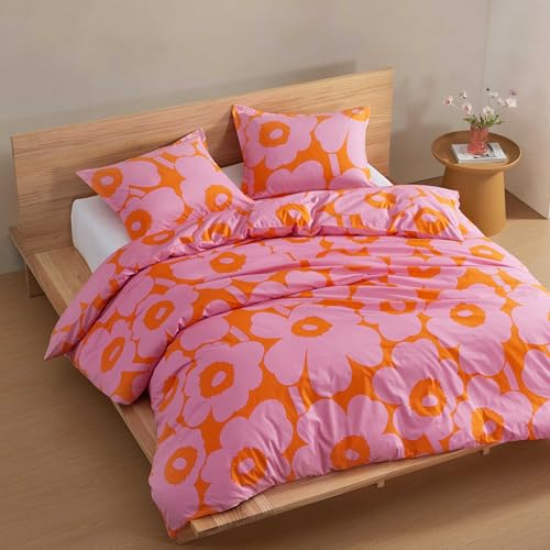 Image of MARIMEKKO - Queen Duvet Cover Set, Soft Cotton Bedding for Year Round Comfort, 3 Piece Floral Bed Set with Matching Pillowcases (Unikko Pink /Orange)