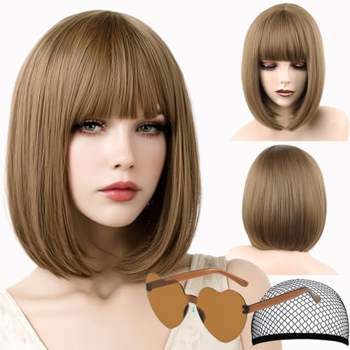VCAY Brown Bob Wig with Bangs 12 Inch Straight Short Bob Wig Natural Looking Heat Resistant Synthetic Adjustable Straps Wigs for Women Daily Wear and Party with Wig Caps