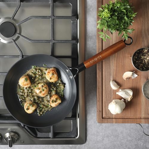 Image of Babish 9.5 Inch Cast Iron Skillet with Wooden Handle, Pre-Seasoned Nonstick Pan with Honeycomb Textured Cooking Surface, Induction Oven Safe Skillet for Searing, Frying Eggs, Steak and Stir Fry