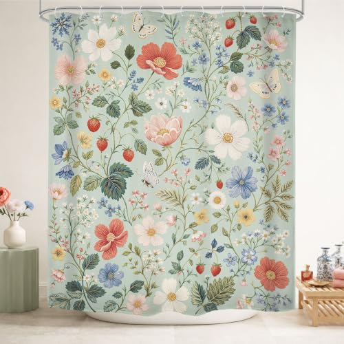Green Floral Flower Shower Curtain Set Embroidery Wildflower Bathroom Decor