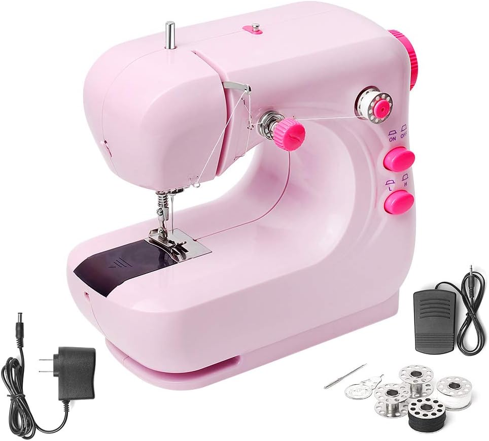 Mini Sewing Machine, Portable Household and Lightweight Electric Sewing Machine for Beginner, Sewing Made Easy with Double Thread and Free Arm, Adjustable 2-Speed with Foot Pedal for Kids (Pink)