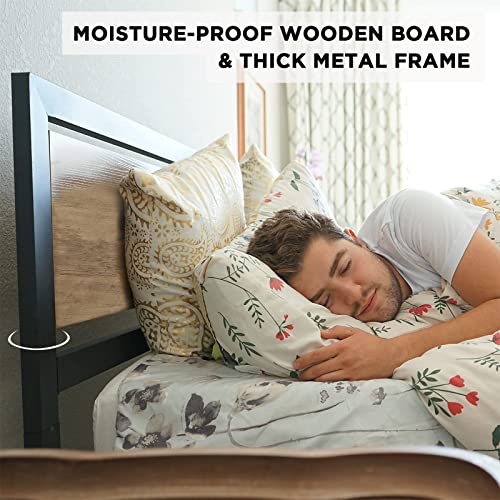Amerlife Full Size Bed Frame With Wooden Headboard, Full Platform Bed Frame With Industrial Footboard/Heavy Duty Steel/Strong 4 U-Shaped Support Frames/Rustic Style/Easy Assembly/Light Brown #TOP2