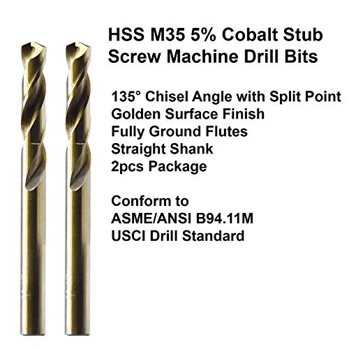 Maxtool 3/16" 2Pcs Identical Screw Machine Drills Hss M35 Cobalt Twist Stub Drill Bits Fully Ground Golden Straight Shank Short Drills; Smf35G10R12P2 #TOP2
