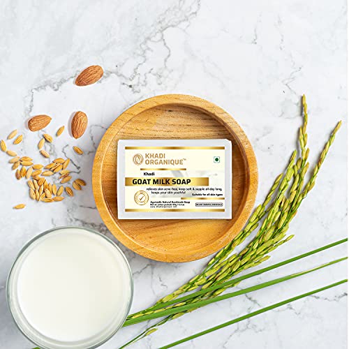 Image of Khadi Organique Handmade Natural Goat Milk Soap Bar with Castor, Almond & Rice Bran Oils | Deep Moisturizing, Hydrating & Nourishing Formula | For Men & Women | 125g Each (Pack of 3)