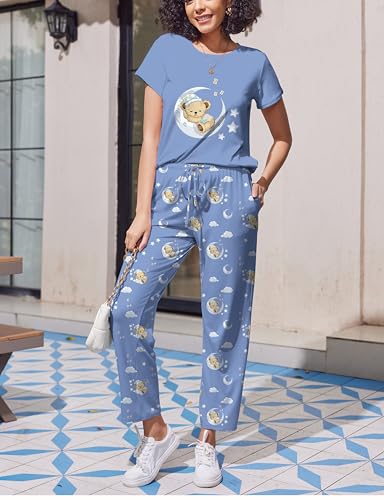 Image of Ekouaer Pajama Sets for Women Round Neck Pjs Short Sleeve Sleepwear with Long Pants Loose Lounge Sets Blue Teddy Bear X-Large
