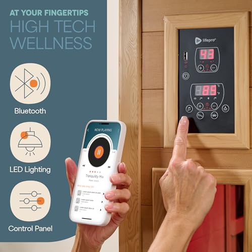 LifePro 1 Person Far Infrared Sauna for Home - Home Sauna, Tempered Glass Door, Oxygen Ionizer, & 7 Chromotherapy Lights for Indoor Sauna - Canadian Hemlock Wood Dry Sauna with Bluetooth Sound System